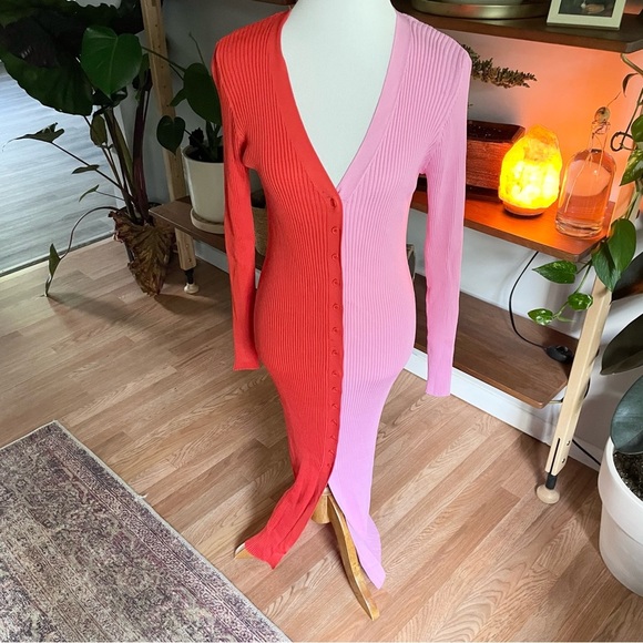 STAUD Shoko Colorblock Bodycon Sweater Dress in Lava & Peony - Picture 5 of 12